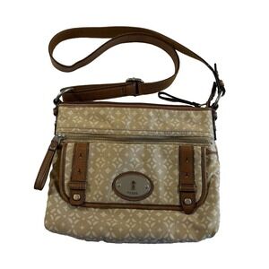 Fossil Fabric Leather Trimmed Crossbody Purse Pockets Adjustable Strap